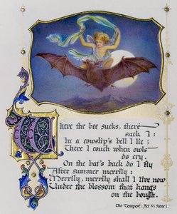 Iluminovaná stránka z knihy Shakespearových sonetů zobrazuje scénu z Bouře. od Nathan Benn