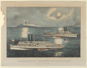 Parníky proplouvající o půlnoci - na Long Island Sound, 1872-74., 1872-74. Tvůrci: Nathaniel Currier, James Merritt Ives, Currier a Ives. od Currier and Ives