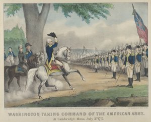 Washington přebírá velení americké armády – v Cambridge, Massachusetts, 3. července, 17..., 1876. Tvůrci: Nathaniel Currier, James Merritt Ives, Currier a Ives. od Currier and Ives