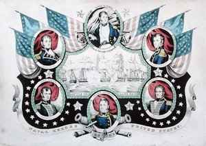Bitva u jezera Erie s portréty hrdinů amerického námořnictva od Nathaniel Currier