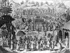 Průvod nevěsty, která se vrací domů ke svému manželovi, ilustrace z knihy "A New General Collection of Voyages and Travels", kterou sestavil John Green, 1747.
