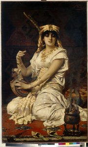 Almee (Almee). Portrét krásné, učené a vzdělané ženy, hrající na hudbu, oblečená v egyptském kostýmu. Obraz Nathaniela Sichela (1843-1907), olej na plátně