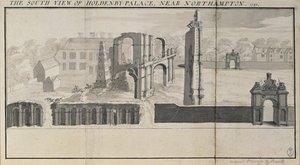 Jižní pohled na Holdenby House a ruiny, jak je vidět v roce 1729