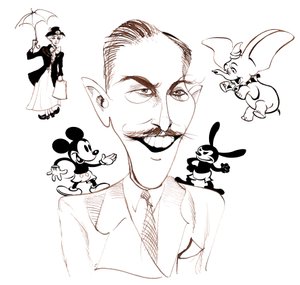 Walt Disney, americký filmový producent, obchodní magnát, karikaturista a animátor; karikován s Mary Poppins od Neale Osborne