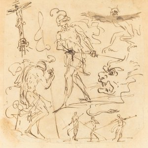 List studií s vojákem tasícím meč, krucifix, monstrózní zvířata a další figurky od Neapolitan 17th Century