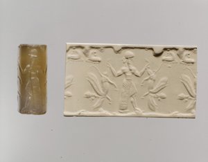 Válcová pečeť a moderní dojem: mužská postava dominující okřídleným lvům s lidskou hlavou, c. 8.–7. století př. n. l. (chalcedon)