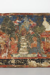 Detail z obálky buddhistického rukopisu (neprůhledný akvarel na dřevě) od Nepalese School