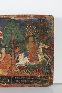 Detail z obálky buddhistického rukopisu (neprůhledný akvarel na dřevě) od Nepalese School