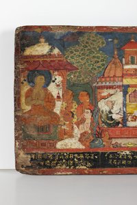 Detail z obálky buddhistického rukopisu (neprůhledné wc na dřevě)