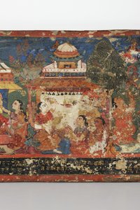 Detail z obálky buddhistického rukopisu (neprůhledné wc na dřevě)