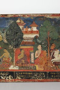 Detail z obálky buddhistického rukopisu (neprůhledné wc na dřevě)