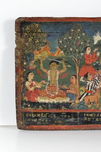 Detail z obálky buddhistického rukopisu (neprůhledné wc na dřevě)