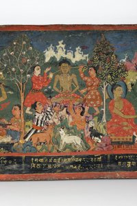 Detail z obálky buddhistického rukopisu (neprůhledné wc na dřevě)