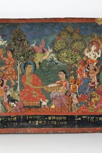 Detail z obálky buddhistického rukopisu (neprůhledné wc na dřevě)