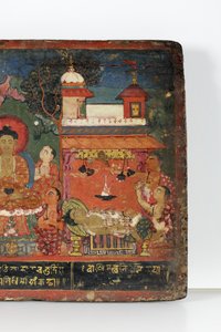 Detail z obálky buddhistického rukopisu (neprůhledné wc na dřevě)