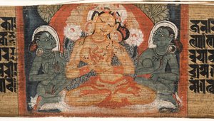 Folio 2r Goddess Prajnaparamita, z Astasahasrika Prajnaparamita (inkoust a barvy na palmových listech a dřevě) (detail 430760) od Nepalese School