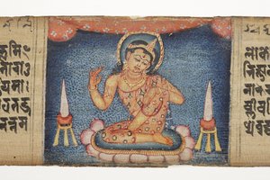 Sedící bódhisattva z Gandavyuha (neprůhledné wc a inkoust na palmovém listu) od Nepalese School