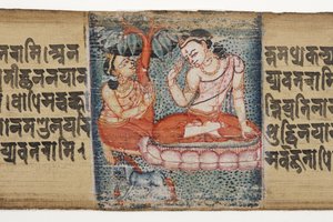 Sudhana klečící před bódhisattvou z Gandavyuha (neprůhledné wc a inkoust na palmovém listu)