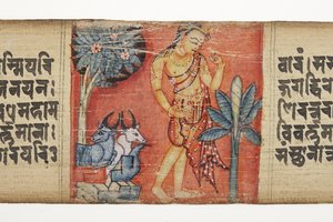 Sudhana putující skalnatou krajinou se dvěma býky z Gandavyuha (neprůhledné wc a inkoust na palmovém listu) od Nepalese School