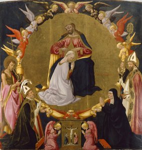 Korunovace Panny Marie s anděly a čtyřmi svatými, kolem 1470-75 (tempera a plátkové zlato na panelu)