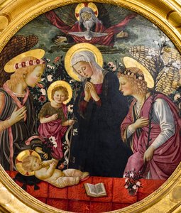 Panna Maria, svatý Jan a dva andělé, kteří se klanějí dítěti.