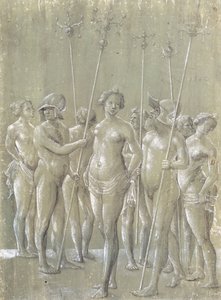 Pět nahých vojáků držících hole, dva s helmou a tři nahé ženy, 1522