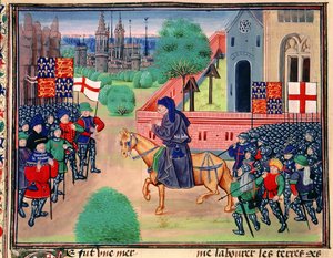 Roy 18 E I f.165v Rolnické povstání zobrazující prapory Anglie a St. George, John Ball zobrazený v čele rebelů, ilustrace z 