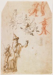 Studie starozákonního proroka a další figurální studie (recto); Studie mužské postavy s provazem (verze) (pero a hnědý inkoust a mytí, červená a černá křída) od Netherlandish School