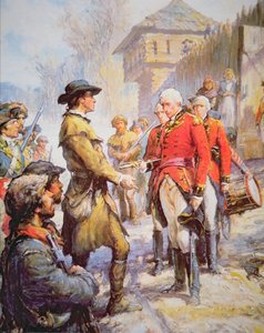 George Rogers Clark přijímá kapitulaci britského velitele Henryho Hamiltona ve Fort Sackville, 25. února 1779 (barevně lito)