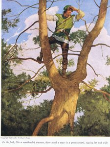 Na rozcestí jako námořník s hlavou stěžně stál muž v zeleném vaku a špehoval široko daleko, 1916 od Newell Convers Wyeth