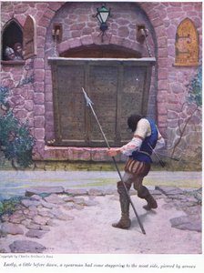 Konečně krátce před úsvitem se ke straně příkopu potácí kopiník, probodnutý šípy, 1916 od Newell Convers Wyeth