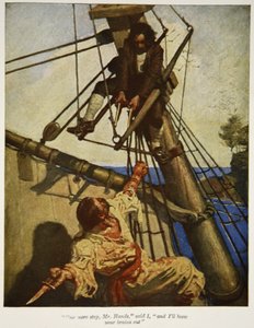 Ještě jeden krok, pane Hands, řekl jsem, a vystřelím vám mozek z hlavy, ilustrace z knihy "Ostrov pokladů" od Roberta Louise Stevensona, vyd. Charles Scribner