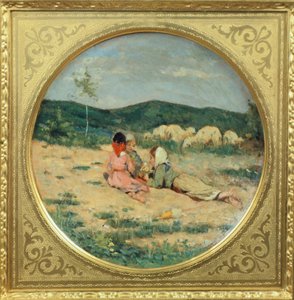 Talíř malovaný postavami pastýřů, Niccolo Cannicci, kolem roku 1880, olej na terakotovém talíři