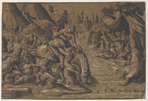 Cloelia, římská hrdinka v centru, jíž pomáhá na koně, Řím v pozadí,..., 1540-50