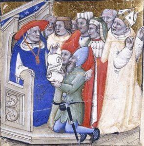 Kardinál sedící v rozsudku nad biskupem, obviněným dvěma laiky, kolem roku 1380 (barva a plátek zlata na pergamenu) od Niccolo di Giacomo