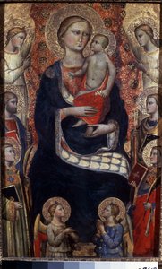 Madona s dítětem se svatými a anděly. Madona s dítětem, světci a andělé. Obraz Niccolo di Pietro Gerini (asi 1350-1415). Florentské umění, středověk. Tempera na dřevě. Muzeum Ermitáž, Petrohrad