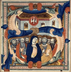 Historická iniciála „S“ zobrazující Sestoupení Ducha svatého, polovina 14. století od Niccolo di ser Sozzo Tegliacci