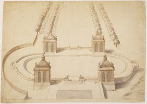 Design pro Bowling Green, Hampton Court, c.1689-91 (pero a hnědý inkoust, mytí a grafit na papíře) od Nicholas Hawksmoor