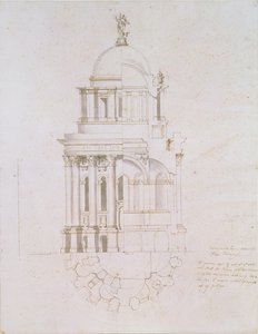 Pohled, příčný řez a půdorys nerealizované křtitelnice pro katedrálu sv. Pavla, kolem 1711-12 (pero a inkoust na papíře) od Nicholas Hawksmoor
