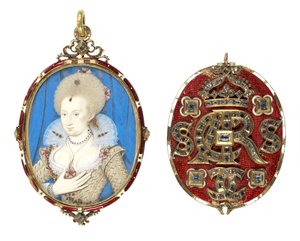 Portrétní miniatura dánské královny Anny (1574-1619) s přebalem z drahokamů, kolem 1611 (wc na pergamenu, smaltovaný zlatý rám osazený stolními diamanty) (viz také 69710)
