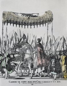 HOGENBERG, Nicolas (1500-1539). Korunovace Karla V. v Bologni. KARLES V. (1500-1558). císař Svaté říše římské (1519-1556) a španělský král (1516-1556), jako Karel I.; Klement VII (1478-1534). Papež mezi 1523 a 1534. Rytina od Nicholas Hogenberg