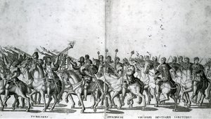 Deska 12 a 13 o vjezdu papeže Klementa VII. a císaře Karla V. do Boloně dne 24. února 1530, vydáno kolem roku 1530 od Nicholas Hogenberg