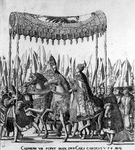 Vstup papeže Klementa VII. a císaře Karla V. do Boloně dne 24. února 1530, deska 27, kolem roku 1530 (detail 472273) od Nicholas Hogenberg