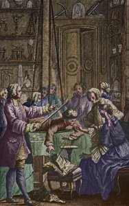 Elektrický experiment, který na člověku provedl abbé Jean Antoine Nollet (1700-70) ve fyzikálním kabinetu, přední ilustrace z Essai sur lelectricite des corps od Nolleta, vydáno 1746, vyryl od Nicholas Lesueur