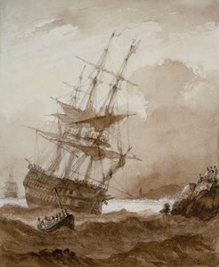 Dvoupatrová loď ve vichřici u břehu, konec 18. až začátek 19. století (hnědý wash) od Nicholas Pocock