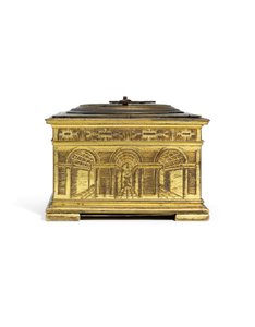 Ryté výrazné horizontální stolní hodiny Alžběty I., kolem 1590-1600 (zlacená mosaz) od Nicholas Vallin