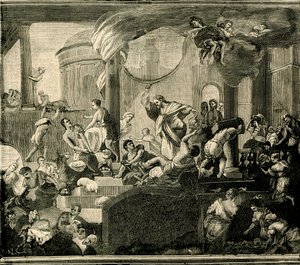 Ježíš vyháněl obchodníky z chrámu, olej na plátně Nicola Malinconico (1663-1721), bazilika Sant