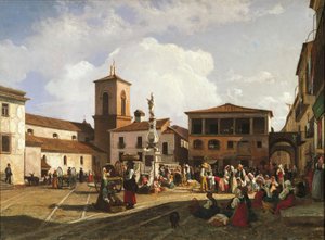Benevento (region Kampánie), náměstí Orsini se zvonicí katedrály a fontánou zasvěcenou papeži Orsinimu (olej na plátně) od Nicola Palizzi