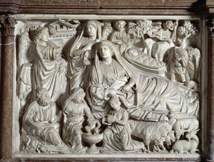 Křeslo Zvěstování a Narození Páně realizoval Nicola Pisano (1215 / 20-1278 / 84) (Mramorová kazatelna) 1260 Baptistere Saint John of Pisa (Battistero San Giovanni di Pisa), Itálie