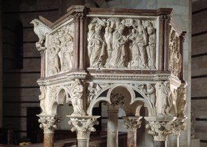 Židle realizovaná Nicola Pisano (1215 / 20-1278 / 84) (mramorová kazatelna) 1260 Baptistere Saint John of Pisa (Battistero San Giovanni di Pisa), Itálie